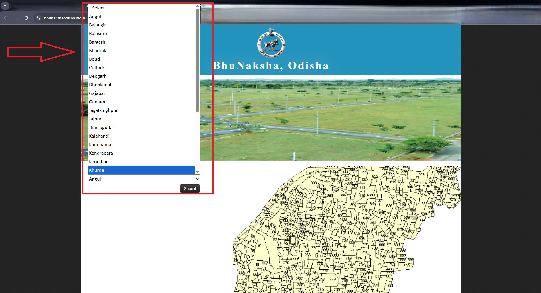 Step 2: जिला, तहसील और गांव चुनें - District, Tehsil, Village select करना